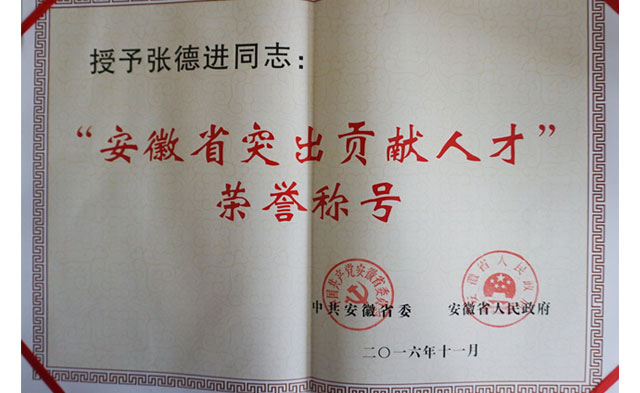 張德進(jìn)董事長(zhǎng)獲省委省政府授予的“安徽省突出貢獻(xiàn)人才”榮譽(yù)稱號(hào)